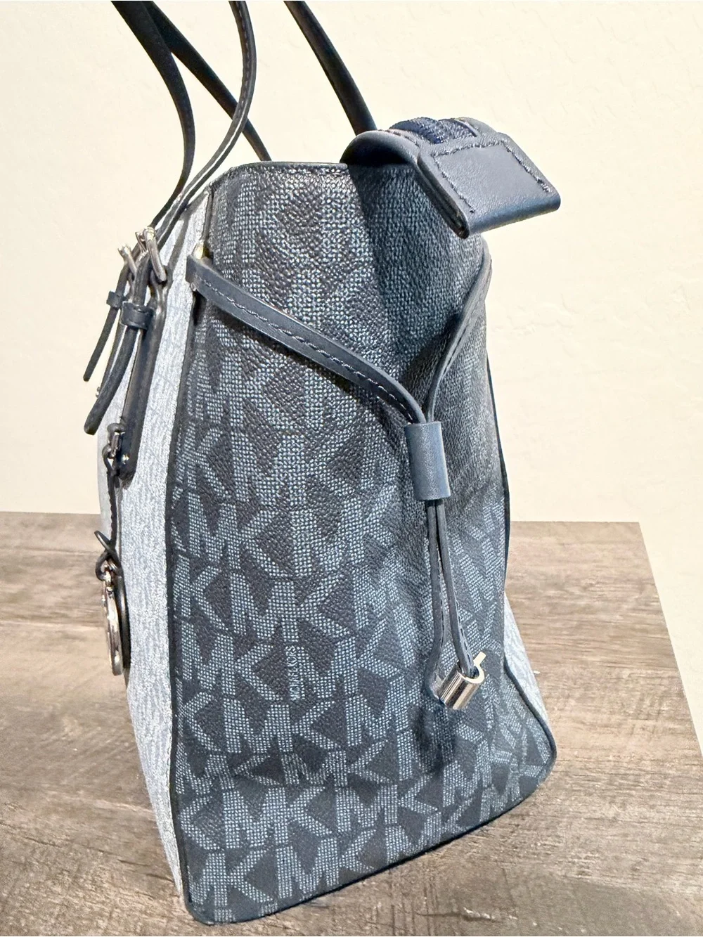 Michael Kors Light Blue MK Logo Tote with Navy Trim